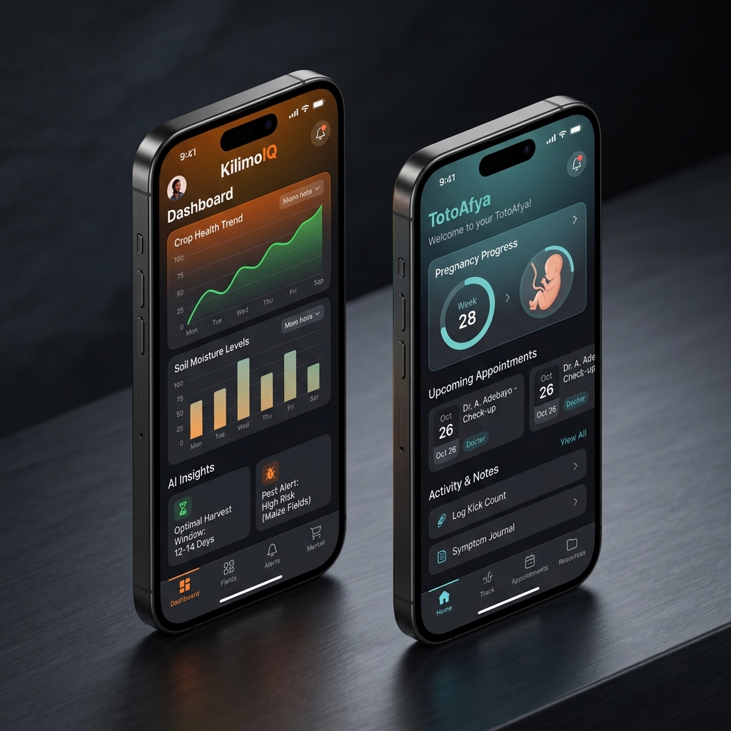 KilimoIQ and TotoAfya App Mockups on Mobile Devices